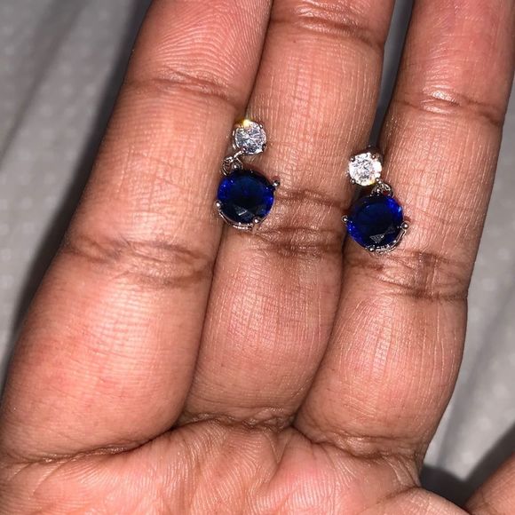 Blue Stone White Gold Plated Dangling Earrings - Picture 1 of 3